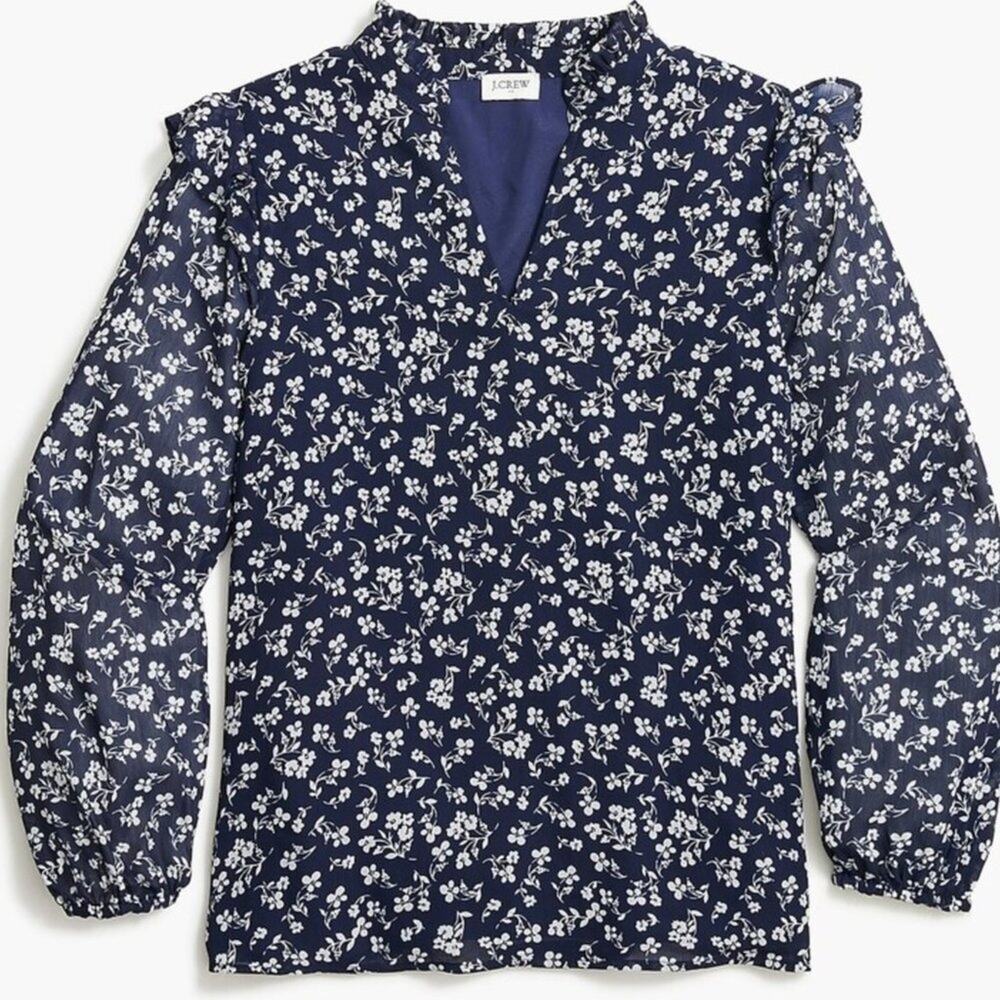 J. CREW Factory V-Neck Crinkle Top Floral Navy Blue White {Y50} - Picture 4 of 4